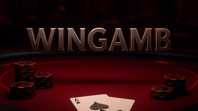 Luxurious poker table with metallic Wingamb lettering illuminated in a dramatic casino setting