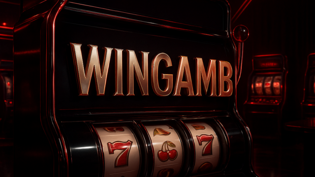 Wingamb logo in illuminated metal letters on a luxury slot machine casino background