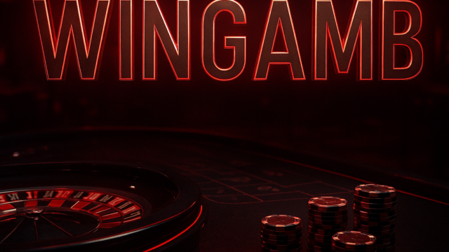 Wingamb casino scene with illuminated WINGAMB lettering and luxury roulette table details