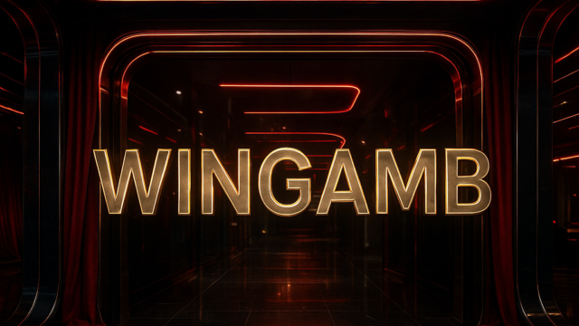 Futuristic luxury casino entrance with Wingamb logo in metallic red neon