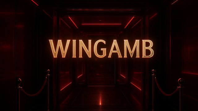 Wingamb illuminated in metallic letters at the center of a luxurious casino entrance with crimson lighting