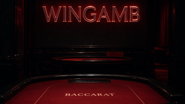 Cinematic luxury baccarat table scene with Wingamb metallic lettering and red neon lighting