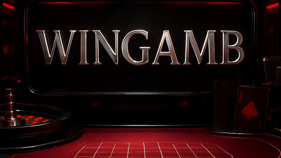 Lüks bir canlı casino ortamında merkezi olarak öne çıkan Wingamb logosu ve premium masa detayları