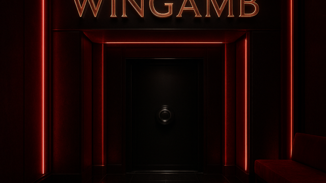 Wingamb illuminated at the center of a luxurious black and red casino entrance
