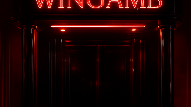 Wingamb iletişim adresi için lüks bir casino girişi, merkezde WINGAMB yazısı ile