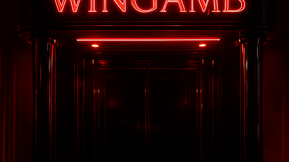 Wingamb iletişim adresi için lüks bir casino girişi, merkezde WINGAMB yazısı ile