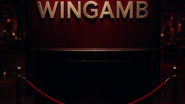 Wingamb illuminated lettering above a luxury casino concierge desk in dramatic red lighting