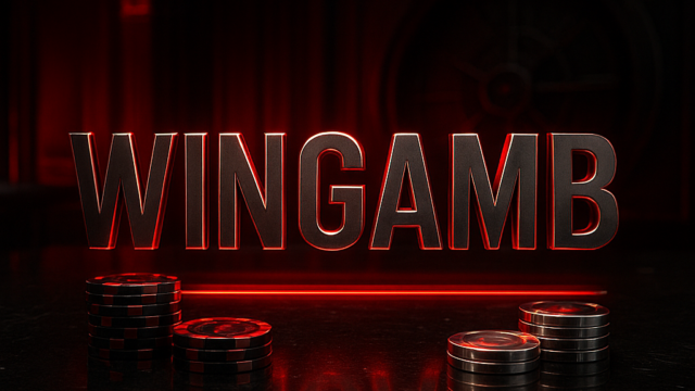 Luxury casino scene with Wingamb metallic lettering and premium chips on a dark vault-like surface