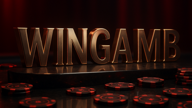 Luxury casino table with glowing chips and Wingamb bonus lettering in crimson and black