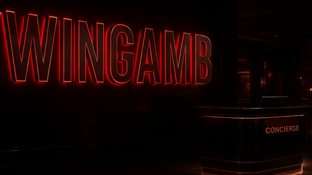 Wingamb luxury casino lobby with central illuminated WINGAMB and live support atmosphere