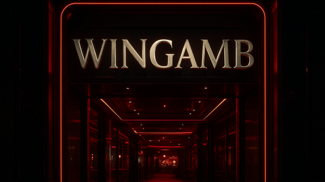 Luxurious casino entrance with WINGAMB illuminated in the center, black and crimson design