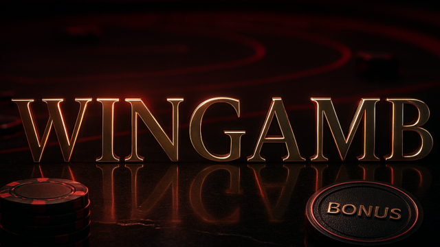 Wingamb logo in illuminated metallic letters with casino chips and luxurious crimson-black casino setting