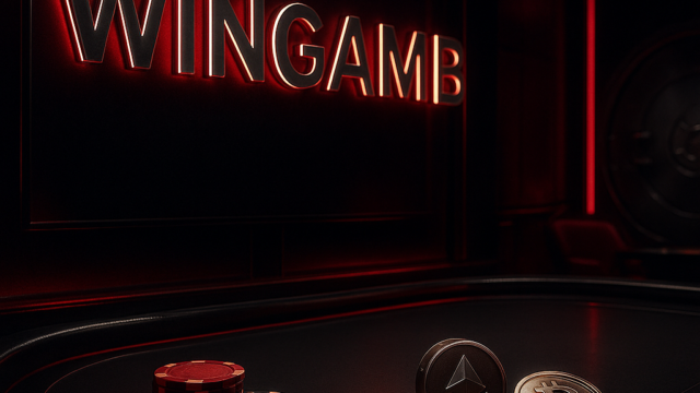 Wingamb casino table with illuminated WINGAMB text and crypto tokens in luxury setting