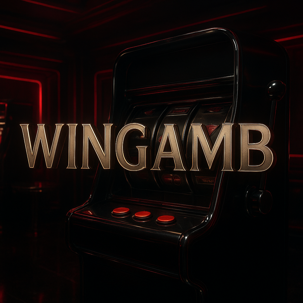 Wingamb logo in illuminated metal letters on a luxury slot machine casino background - hero
