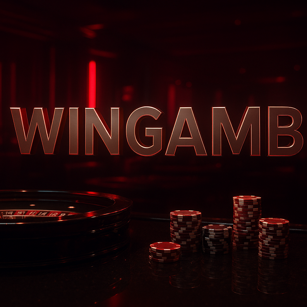 Wingamb casino scene with illuminated WINGAMB lettering and luxury roulette table details - hero