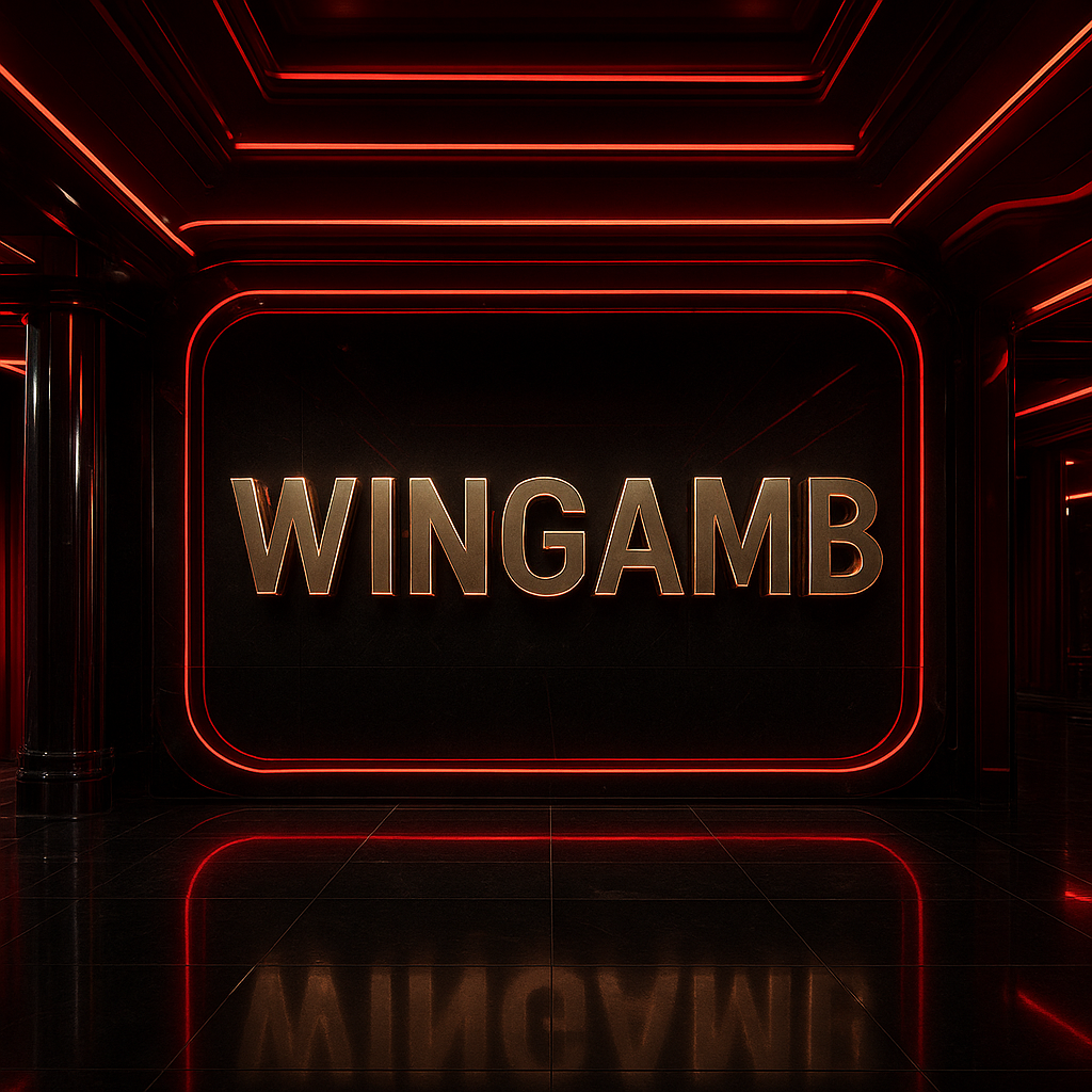 Futuristic luxury casino entrance with Wingamb logo in metallic red neon - hero