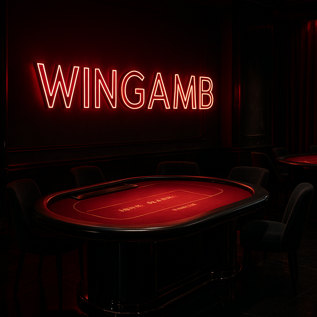 Cinematic luxury baccarat table scene with Wingamb metallic lettering and red neon lighting - hero