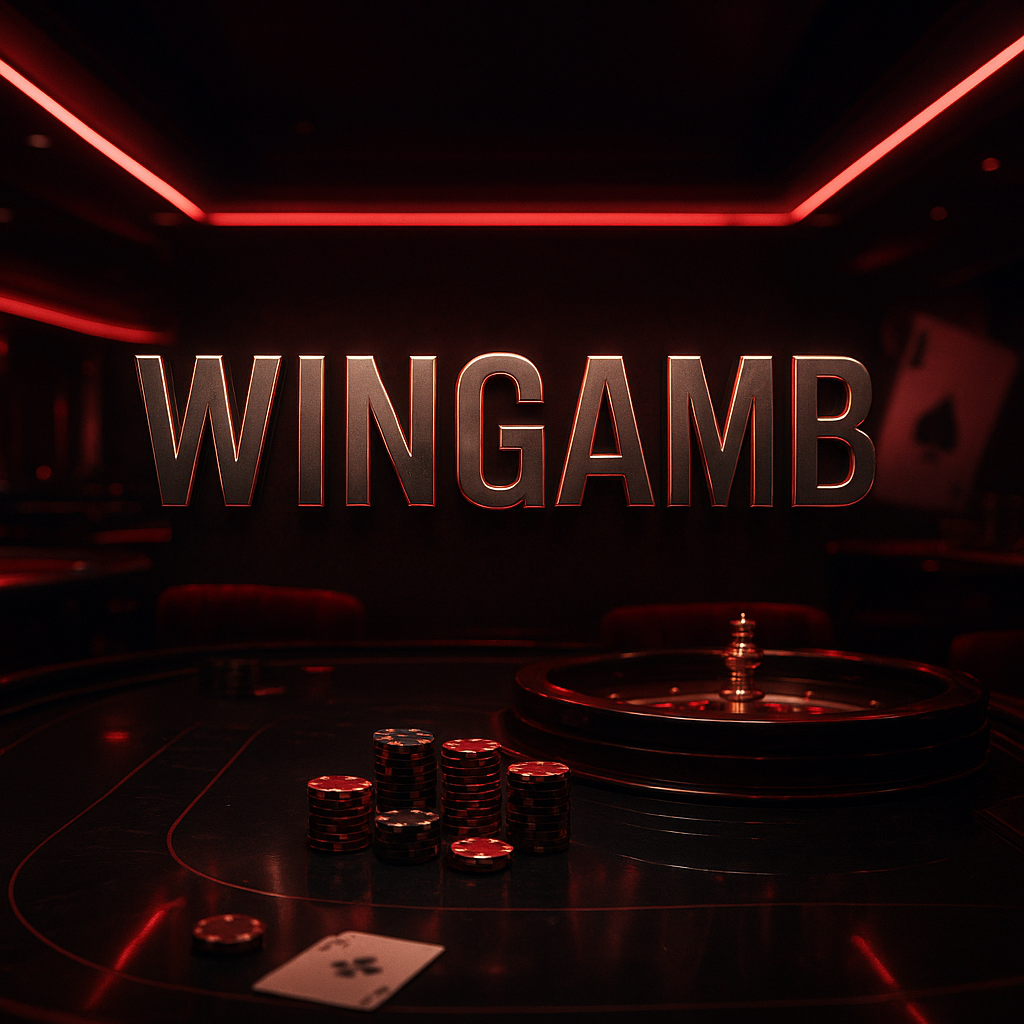 Wingamb illuminated logo at the center of a luxury casino with gaming tables and chips - hero