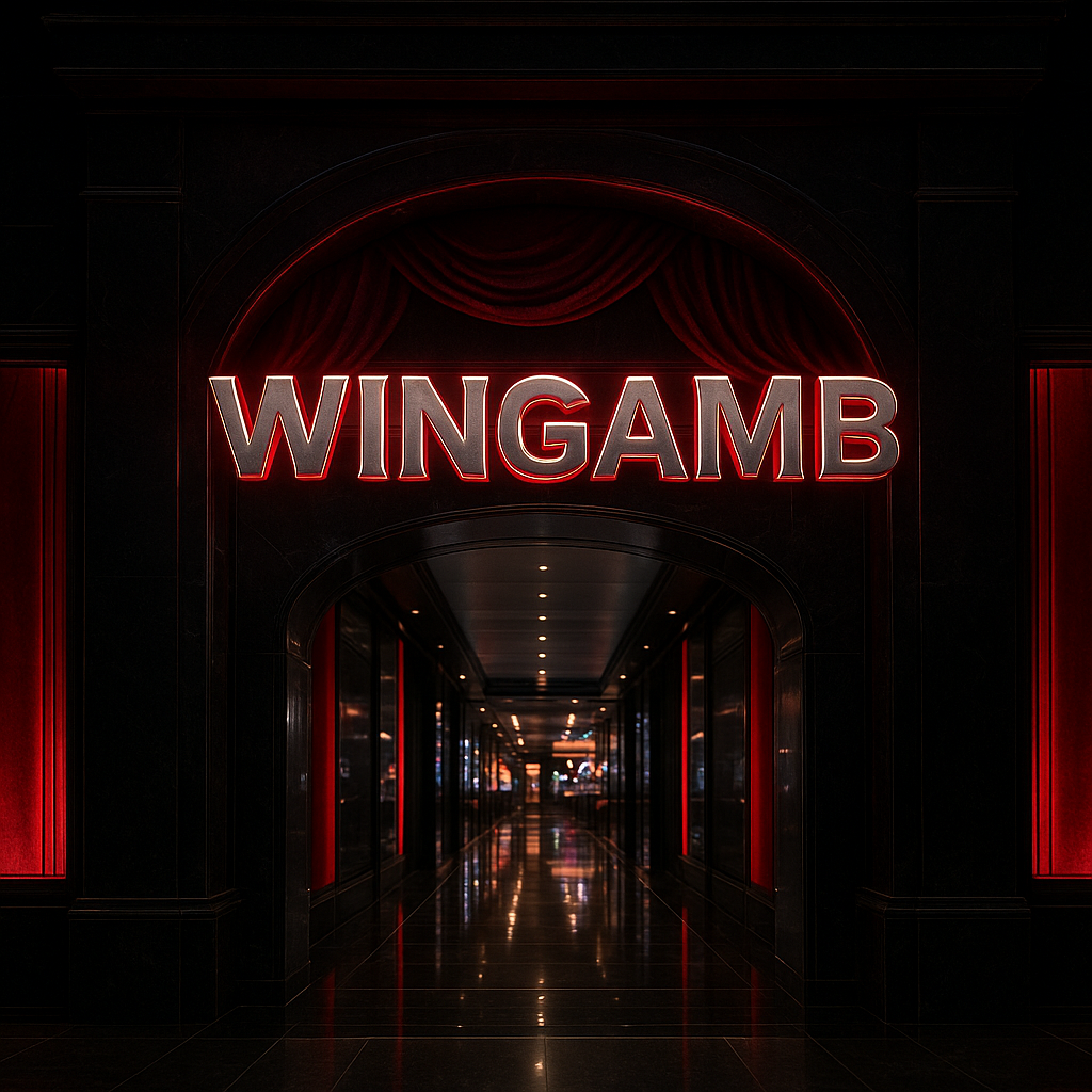 Wingamb chrome logo at luxury casino entrance with red neon lighting - hero