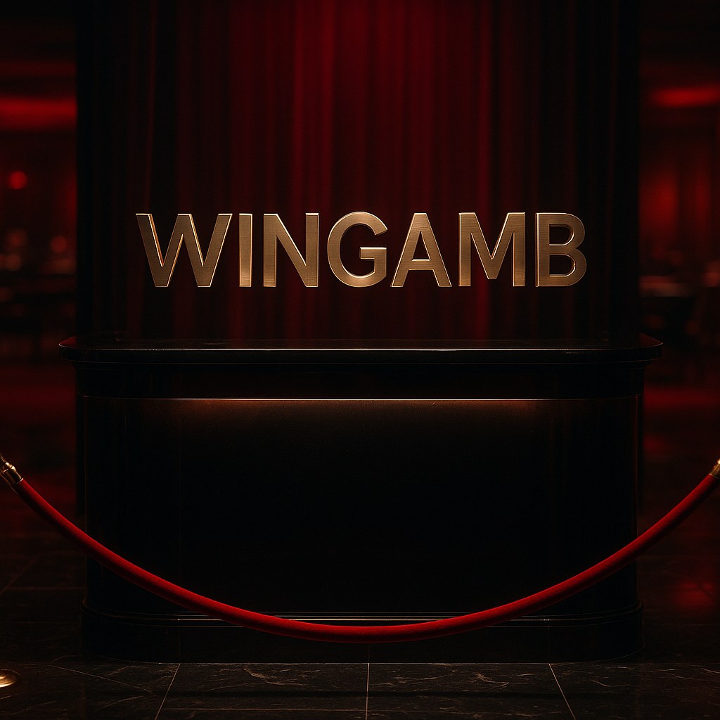 Wingamb illuminated lettering above a luxury casino concierge desk in dramatic red lighting - hero