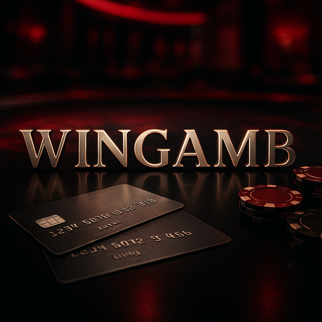 Wingamb logo on a luxury casino table with credit cards and chips, dramatic lighting - hero