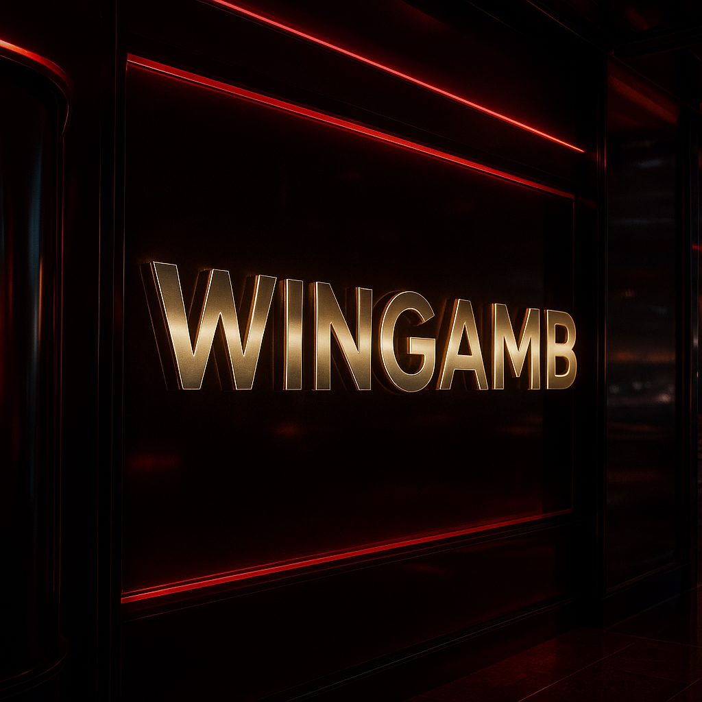 Wingamb mobil bahis için lüks bir casino girişinde kırmızı aydınlatmalı WINGAMB yazısı - hero