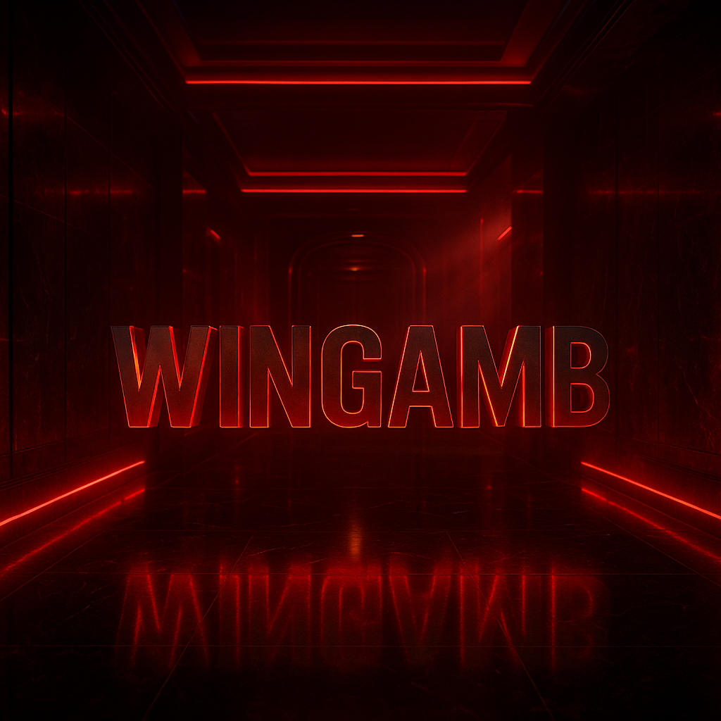 Wingamb metallic logo in a luxurious black and crimson casino corridor with dramatic red lighting - hero