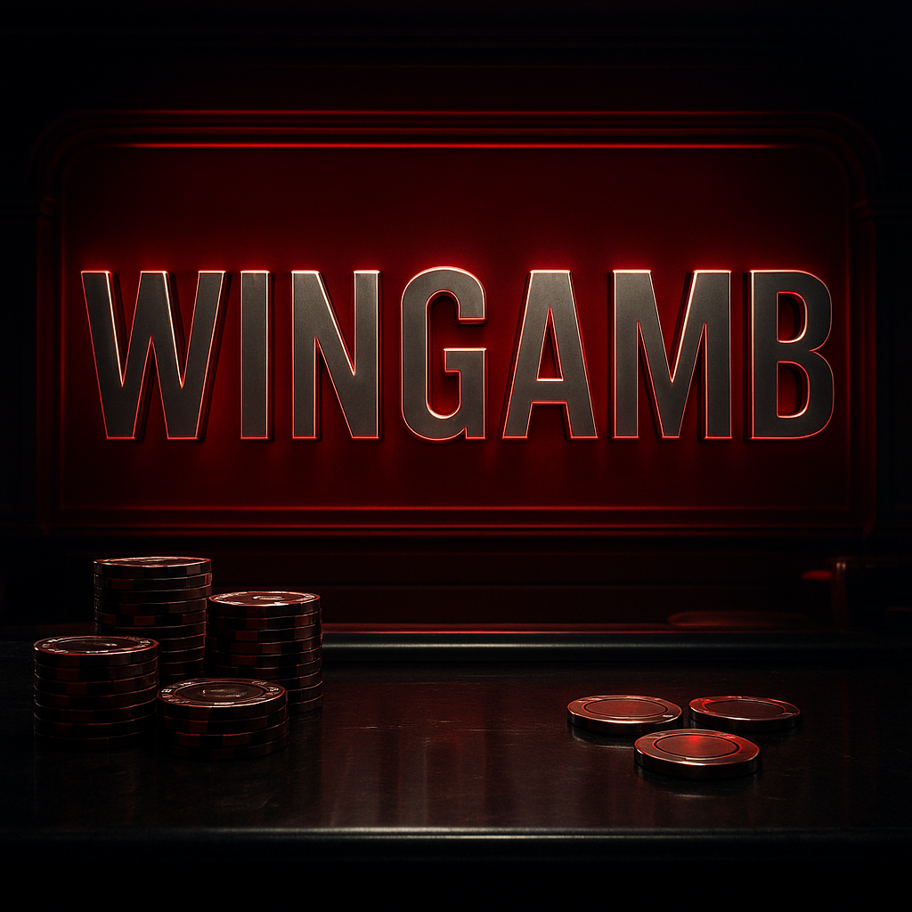 Luxury casino scene with Wingamb metallic lettering and premium chips on a dark vault-like surface - hero