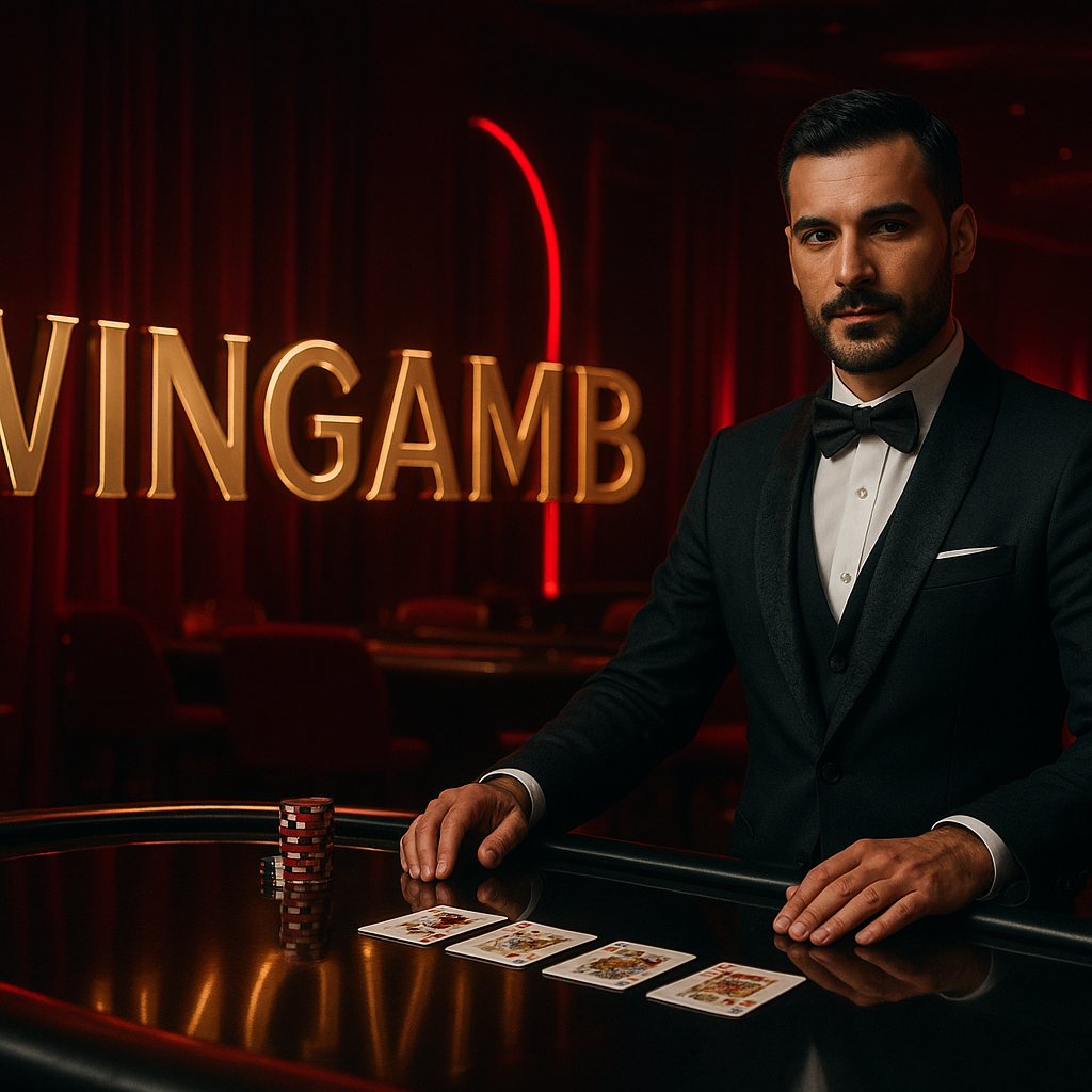 Wingamb lüks canlı casino ortamında merkezi şekilde WINGAMB yazısı ve Türk krupiye - hero