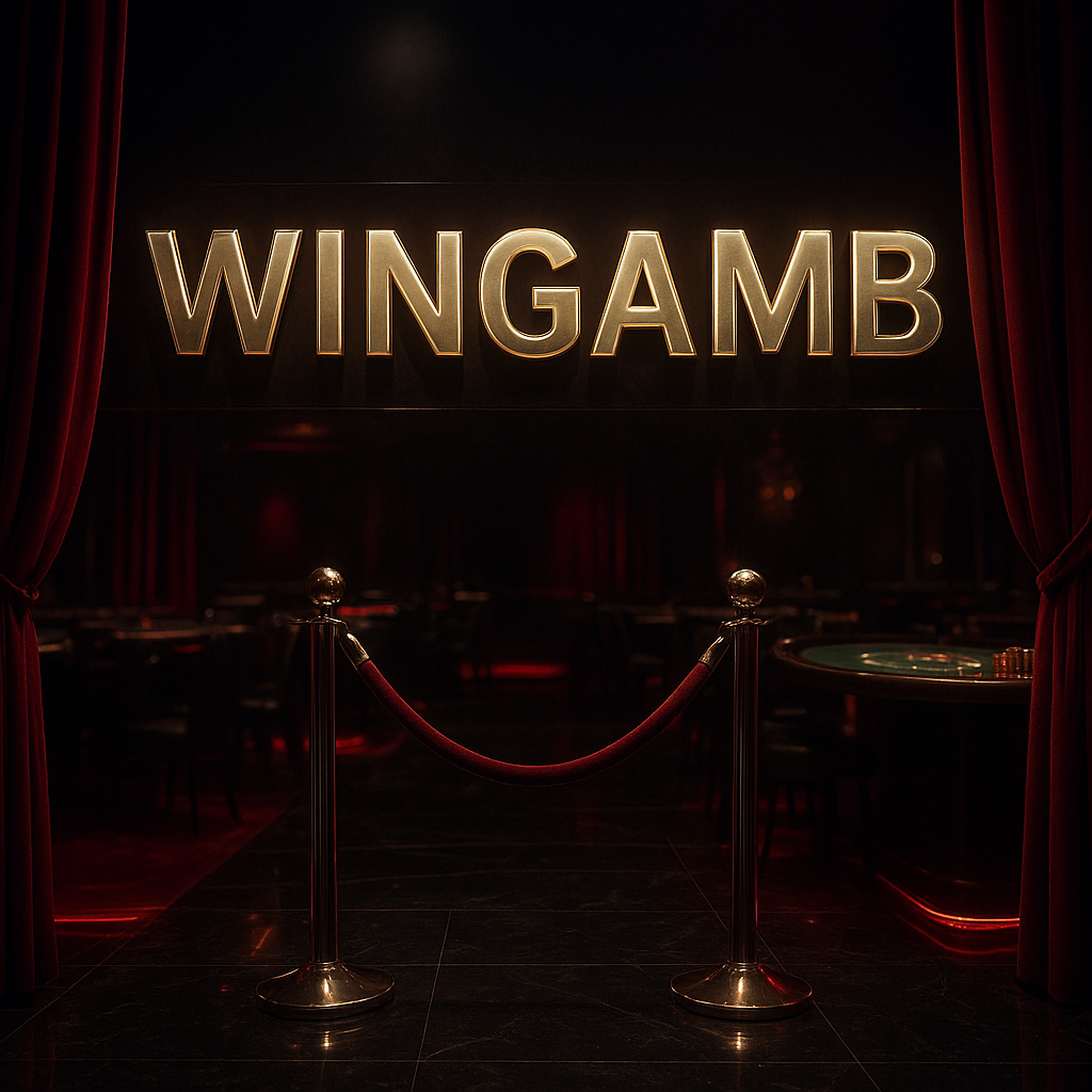 Wingamb VIP lounge entrance with luxury casino decor and illuminated Wingamb lettering - hero