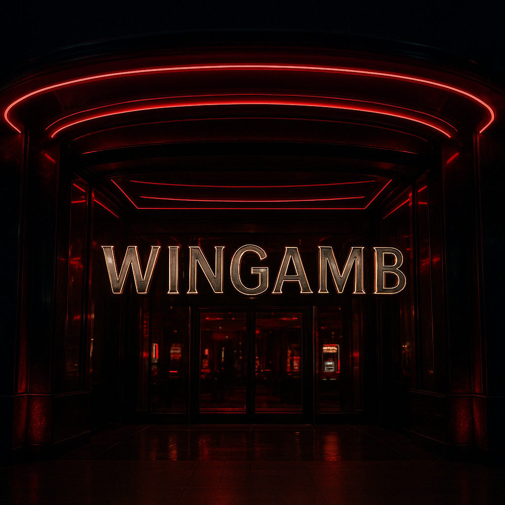 Luxurious casino entrance with WINGAMB illuminated in the center, black and crimson design - hero
