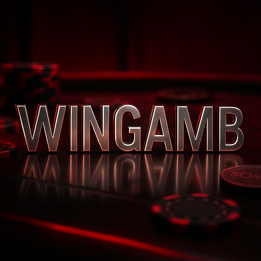 Wingamb logo in illuminated metallic letters with casino chips and luxurious crimson-black casino setting - hero