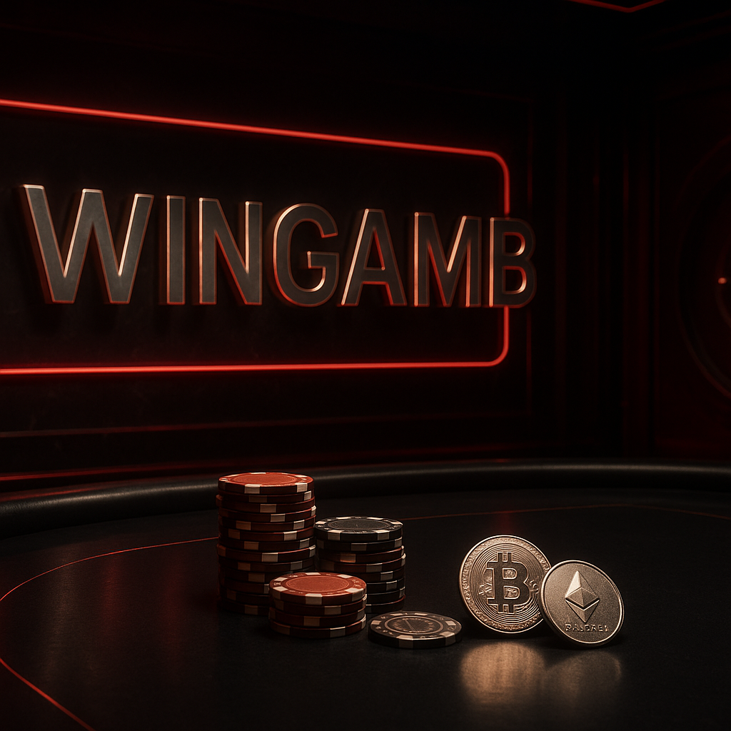 Wingamb casino table with illuminated WINGAMB text and crypto tokens in luxury setting - hero