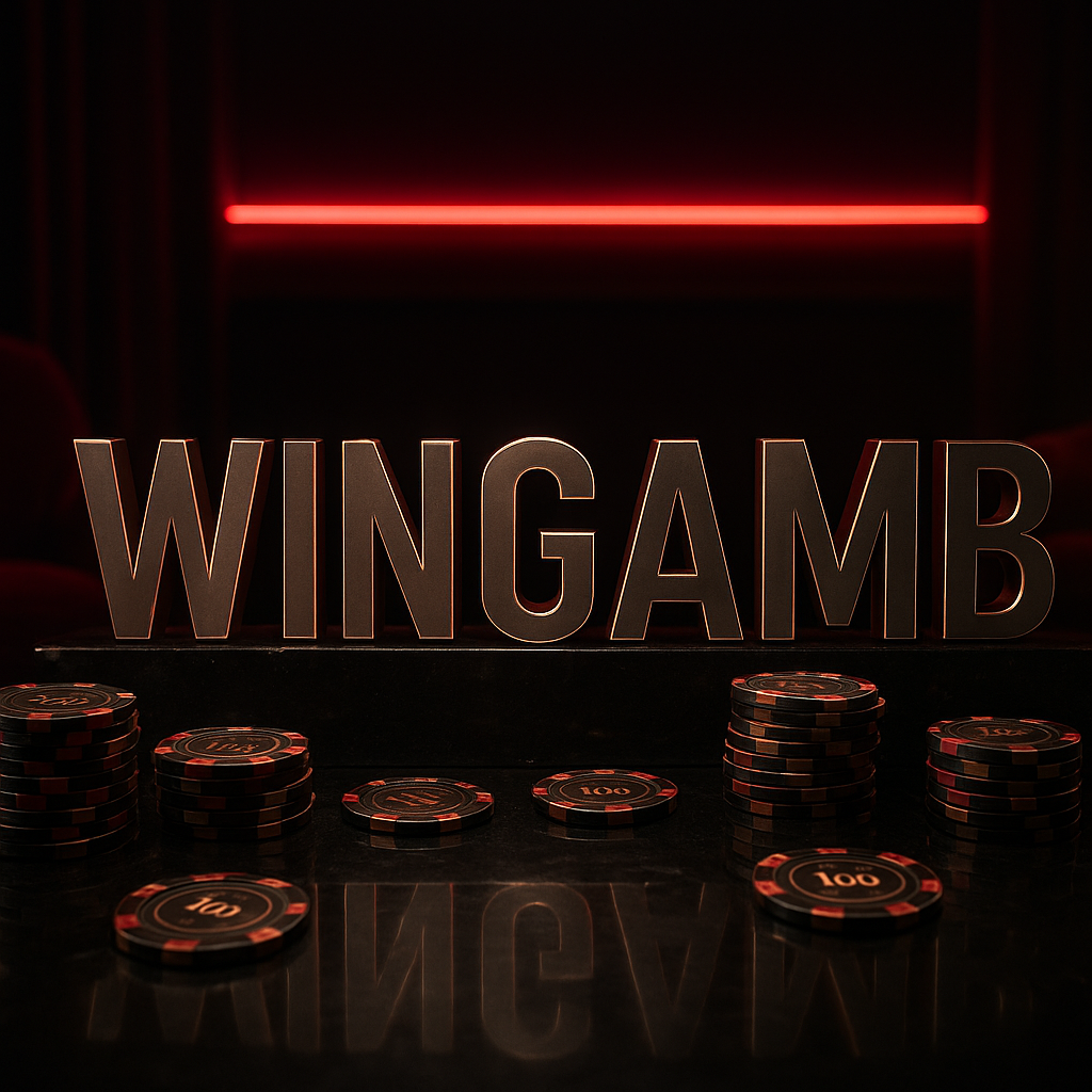 Wingambim sadakat programı için lüks bir casinoda WINGAMB yazısı, kırmızı ve siyah tonlarda - hero